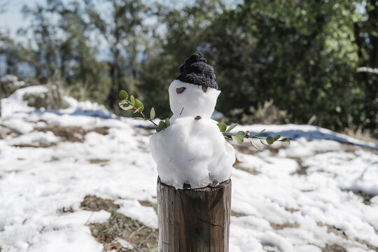 Mu&ntilde;eco de nieve improvisado con gorro negro tejido, ojos y botones de corteza y brazos de ramitas verdes, colocado sobre poste de madera en entorno nevado.