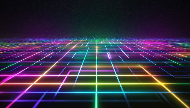 Abstract digital grid extending into starry void with neon color spectrum