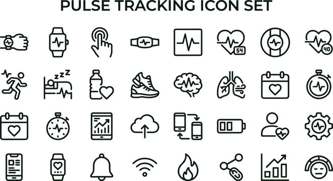 Pulse tracking outline icon set with wearable heart rate monitoring fitness healthcare symbols for mobile apps dashboards interfaces analytics presentations