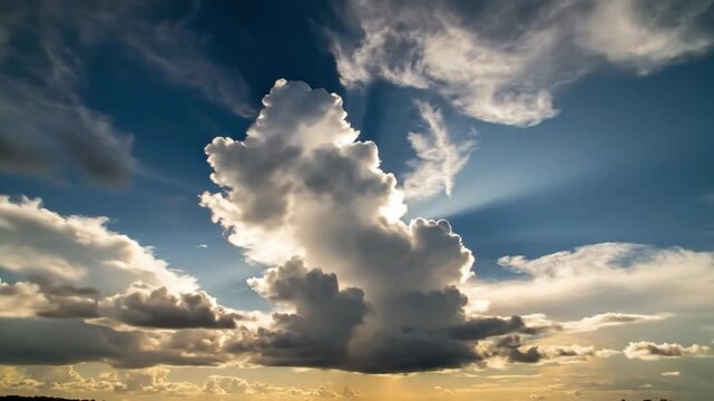 Fluffy white cirrus clouds move across the sky as the sun shines through in a daytime scene