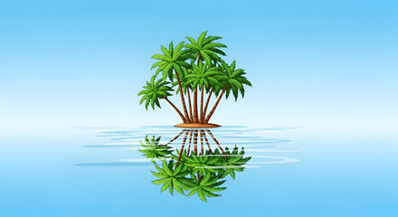 Obraz premium Tropical island with palm trees reflected on clear water in serene landscape illustration; vivid green foliage and blue sky