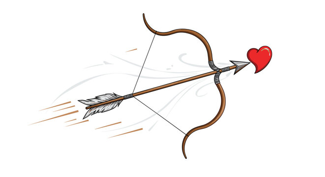 Curved wooden bow shooting an arrow with a red heart tip illustrates the concept of love and Cupid-themed romantic gestures.