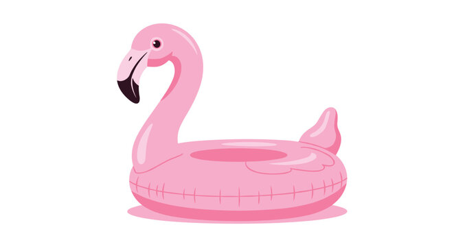 Pink inflatable flamingo pool float for swimming and leisure isolated on white background with a soft shadow for summer fun.