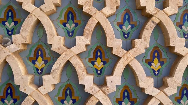 video camera zooms out shot of traditional Zelige mosaic fountain pattern of Morocco, Casablanca mosque Hassan 2