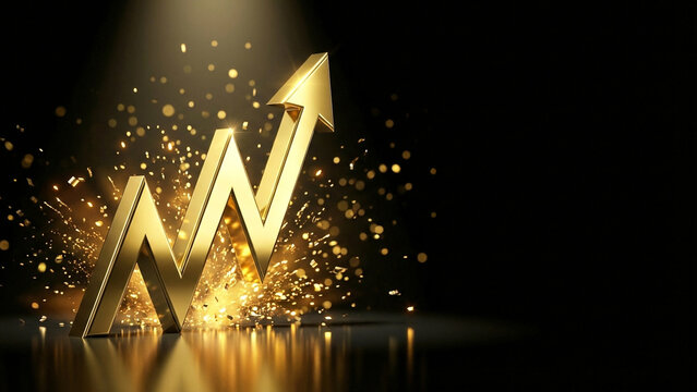 Polished golden W-shaped arrow with swirling sparkle dust on rich dark background