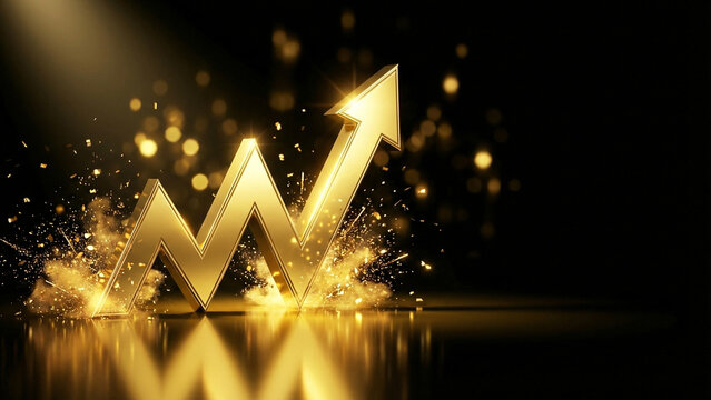 Radiant golden W-shaped arrow with intense bokeh light particles on dark warm scene