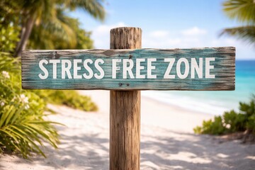 Fototapeta premium Weathered wooden stress free zone sign on tropical beach with turquoise ocean and palm trees in background