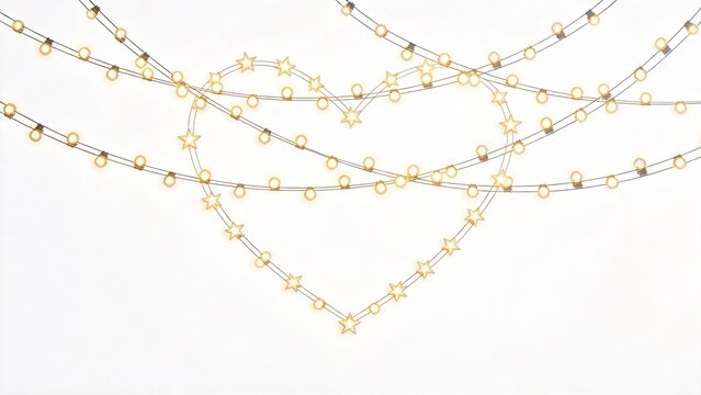 Fairy lights arranged in heart shape on white background star and round bulbs glowing warmly romantic holiday decoration for wedding Valentine Christmas creating cozy festive atmos