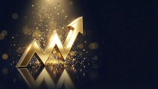 Gleaming golden W-shaped arrow with rose pink sparkle particles on dark background