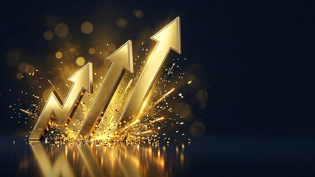 Golden single upward arrow with radiant sparkle particles on warm glowing background