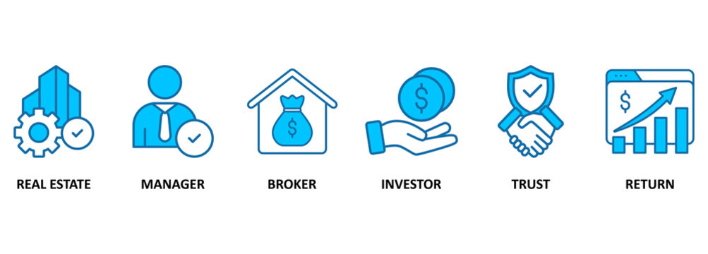 REIT banner web icon vector illustration concept of real estate investment trust with icon of real estate, manager, broker, investor, trust and return 