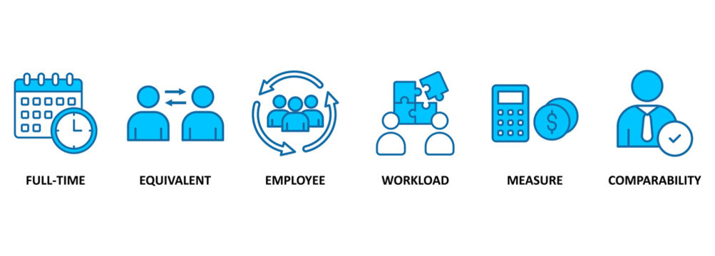 Fte banner web icon vector illustration concept of full time equivalent with icon of full-time, equivalent, employee, workload, measure and comparability 