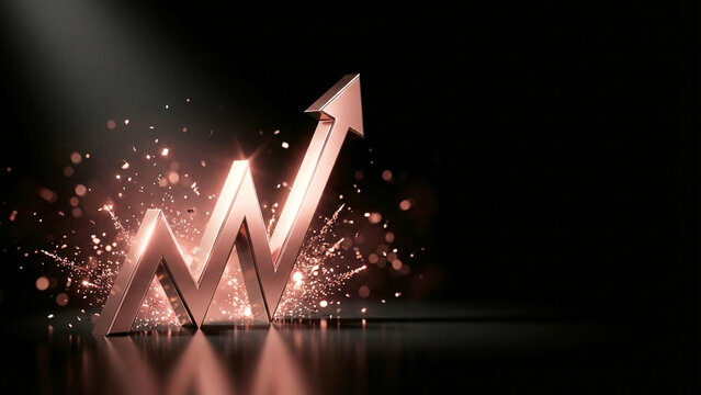 Rose gold metallic W-shaped arrow with glowing sparkle particles on dark background