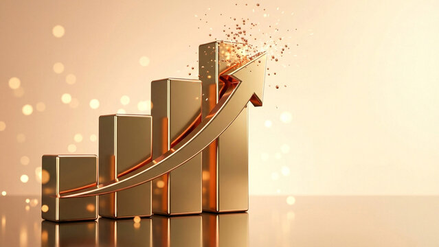 Sparkling glass bar chart with bokeh light effects and growth arrow
