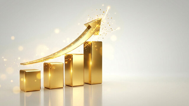 Luxurious gold ascending bar chart with dynamic upward arrows