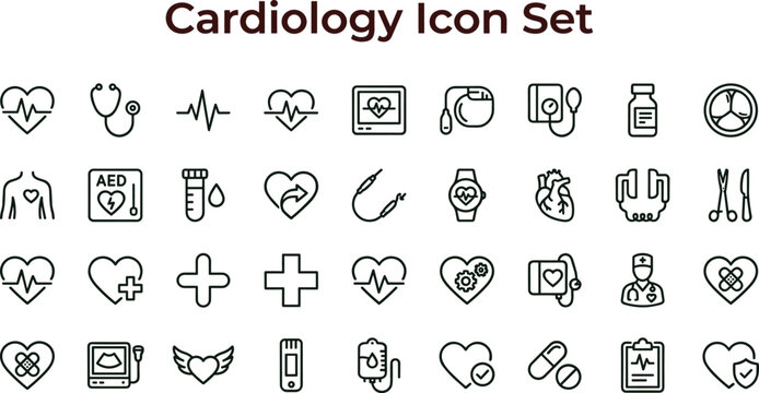 Cardiology medical outline icon set with heart monitoring diagnostics hospital equipment symbols for healthcare apps interfaces presentations dashboards education