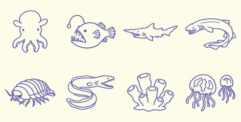 Obraz premium Deep sea creature line icons set, hand drawn marine life vector illustrations, cute ocean animals and coral reef elements