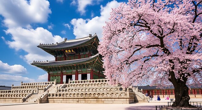 Gyeongbokgung Palace Main Hall, Geunjeongjeon, in Spring with Cherry Blossoms