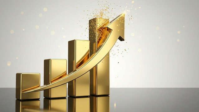 Metallic gold arrow bars rising upward with sparkle effects on dark background