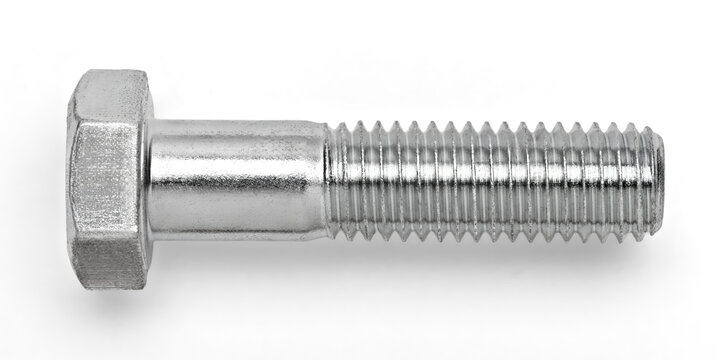 Stainless steel hex head bolt macro on white background