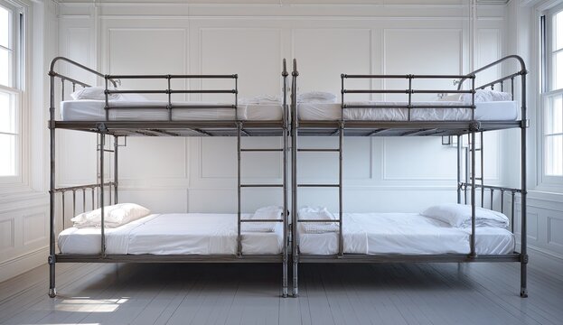 Two Metal Bunk Beds in a Brightly Lit Room.