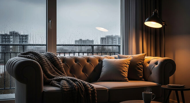 Rain on Window with City Lights Bokeh Cozy Indoor Mood Background