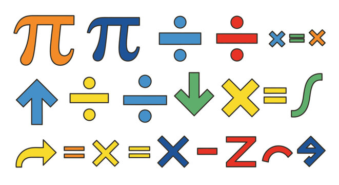 Colorful set of mathematical symbols, operations, and directional arrows on a white background.