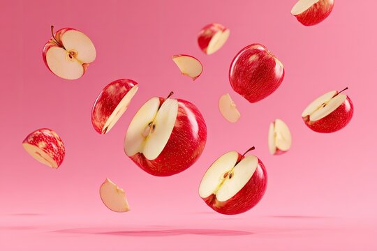 Sliced and whole red apples cascade against a soft pink background