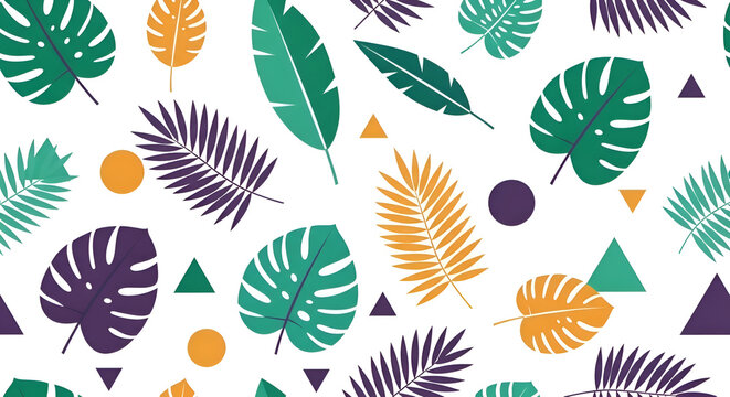 Tropical seamless pattern with exotic palm leaves, colorful jungle foliage background, geometric shapes with monstera and banana leaf illustrations isolated on White Background