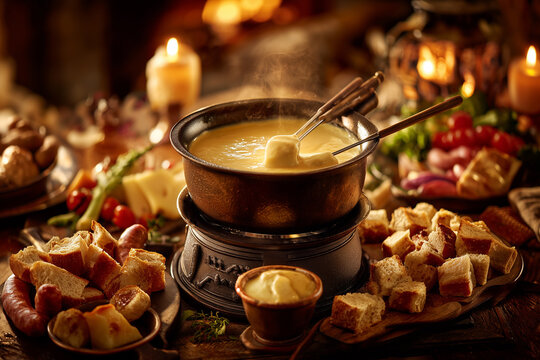 A classic Swiss fondue dish consisting of a pot of boiling melted cheese, surrounded by pieces of bread, vegetables and sausage for dipping.