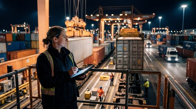 Woman Overseeing Nighttime Shipping Container Operations at a Busy Port.