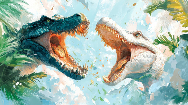 Dynamic digital painting of two prehistoric reptilian behemoths, dark teal scaled creature and pale white scaled creature, roaring ferociously at each other amidst lush tropical foliage and sky filled