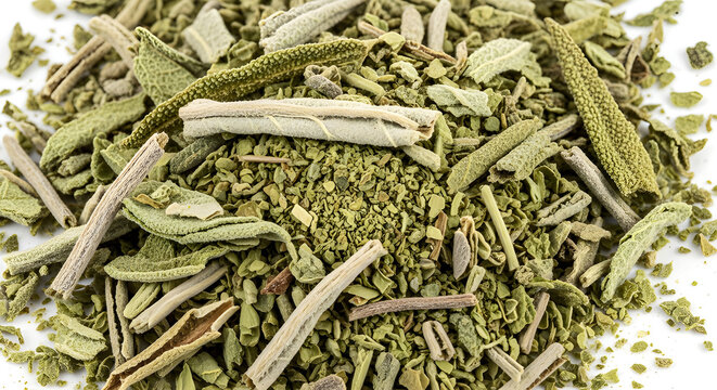 Crushed sage leaves captured in macro showing delicate herbal texture Isolated on White background