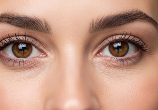 Closeup of a womans eyes with brown iris and long eyelashes