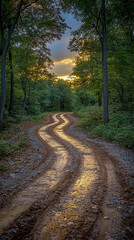 Fototapeta premium Golden hour light reflects brilliantly on winding muddy path, deeply rutted by vehicles, cutting through vibrant green forest, evoking tranquil and adventurous journey into nature.