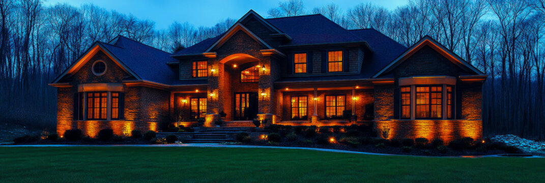 Magnificent stone mansion illuminated at twilight, featuring warm interior lights glowing from windows and exterior landscape lighting highlighting facade and garden, set against backdrop of dark, sil