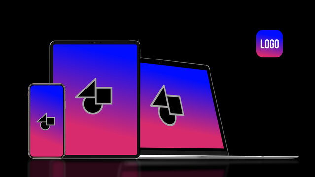 Responsive Devices Dark Mockup 3 &ndash; Desktop Laptop Tablet Smartphone Black Theme Presentation, Multi Screen Display for Website and App UI UX Showcase Template