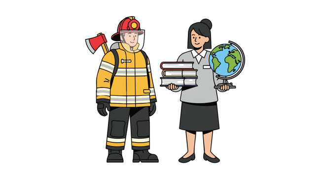 Flat 2D cartoon illustration of a firefighter and businesswoman standing together, with the woman holding books and a globe, representing professional workers on Labor Day.