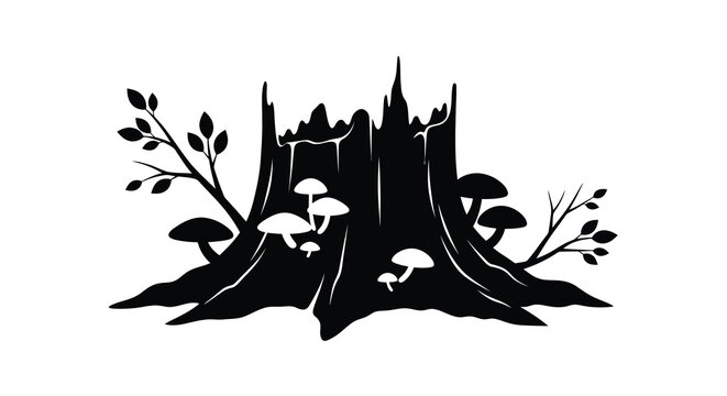 A black tree stump with mushrooms and branches a striking silhouette