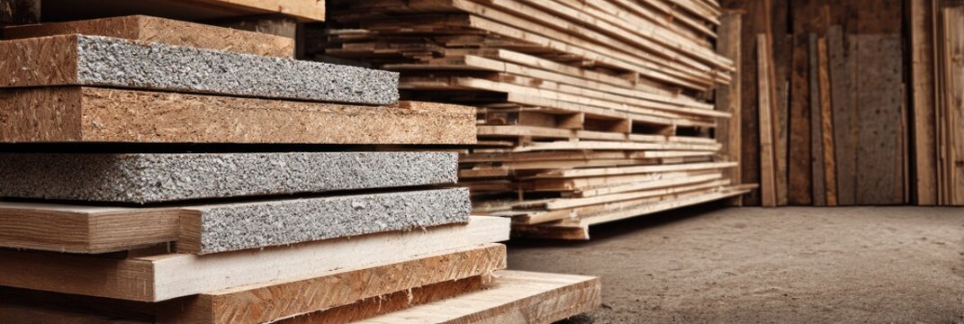 Stacked construction materials in an indoor storage area