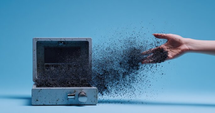Old Computer Dissolving into Particles with Hand Reaching Out.