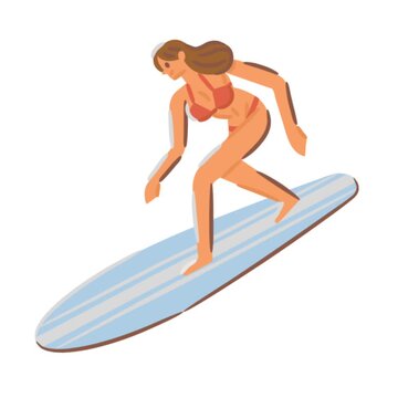 Animated cartoon woman surfing on longboard in bikini showing balance motion energy and dynamic ocean sport summer lifestyle scene
