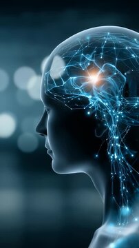 Side view of a human head with illuminated neural pathways and a glowing brain, symbolizing AI and neuroscience. Modern visualization of innovation, machine learning, and cognitive science