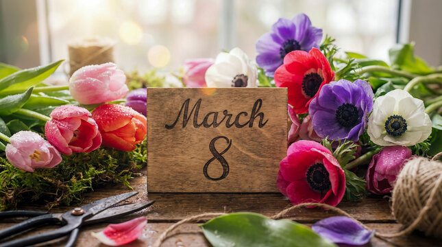 Celebrate International Women's Day with vibrant arrangement of fresh tulips and anemones on wooden surface, featuring rustic March 8th calendar marker and crafting tools, evoking sense of natural bea
