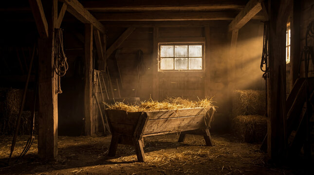 Atmospheric depiction of dusty, dimly lit wooden stable interior featuring empty manger filled with straw illuminated by dramatic shafts of light filtering through window, rustic scene