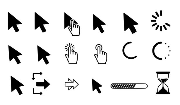 A collection of black and white computer cursor icons and symbols