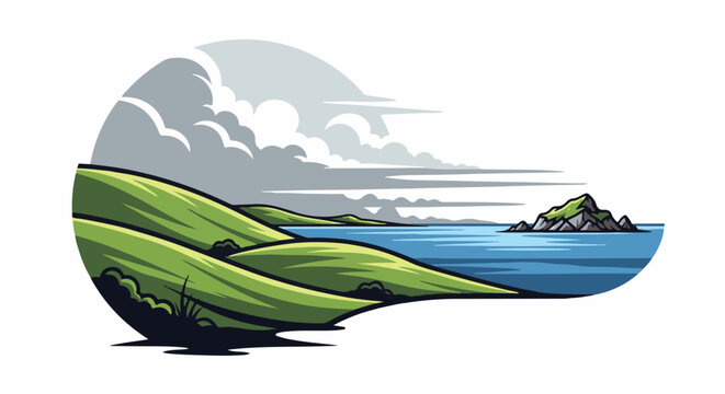 Verdant rolling hills meet calm blue water with a small, rocky island offshore