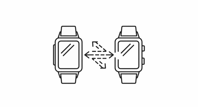 Two smartwatches depicted with connecting arrows, symbolizing data exchange
