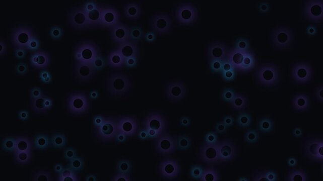 animation of glowing purple and blue biological cells moving and dividing on a dark background, microscopic medical science and microbiology motion graphics.