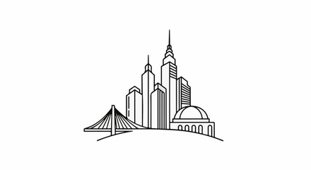 Obraz premium Stylized urban skyline with a suspension bridge and domed building